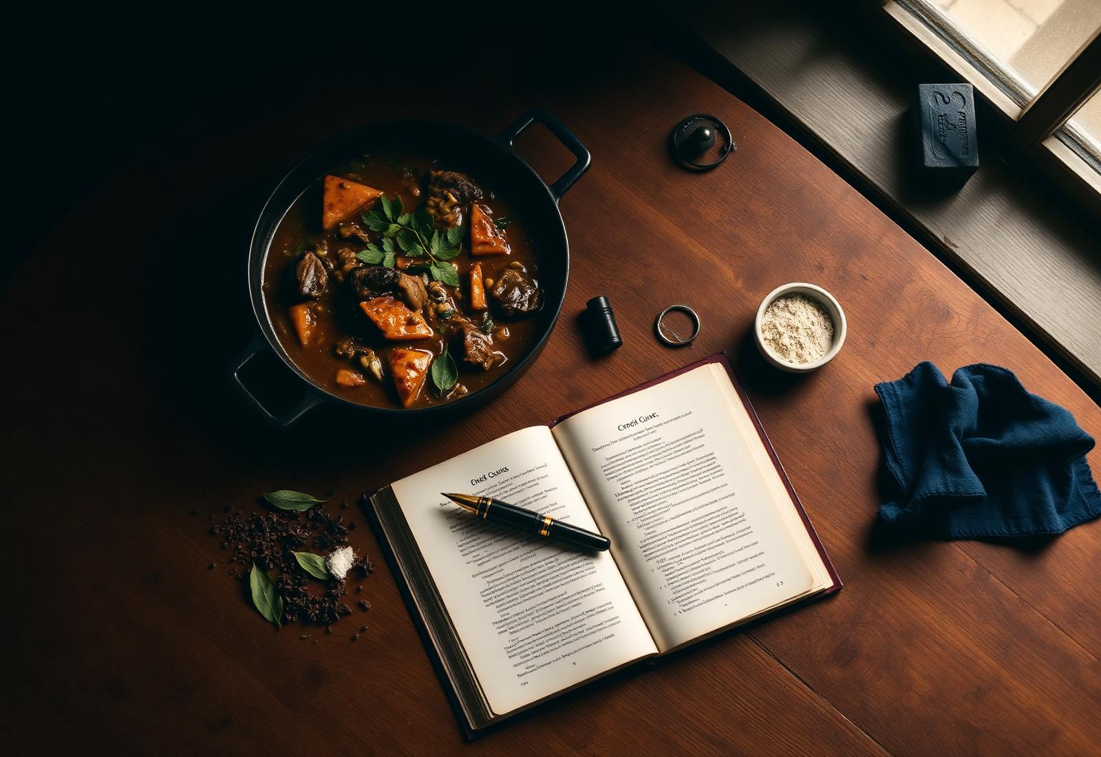 Open book beside a cast iron pot of gumbo